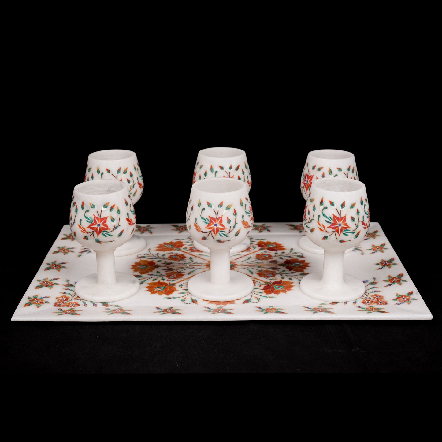Ethnic and Royal Agra Wine Glasses with Tray | Premium Marble Set