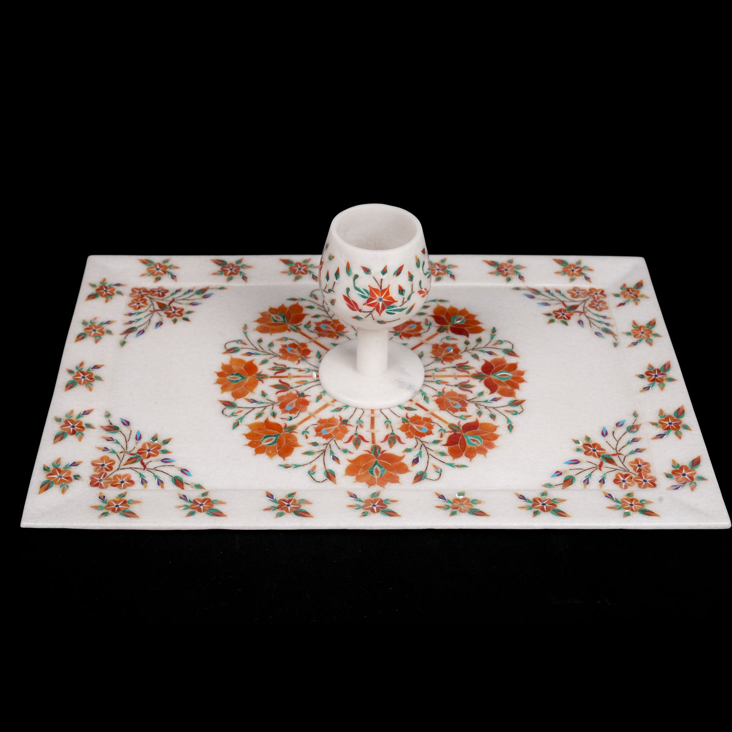 Ethnic and Royal Agra Wine Glasses with Tray | Premium Marble Set