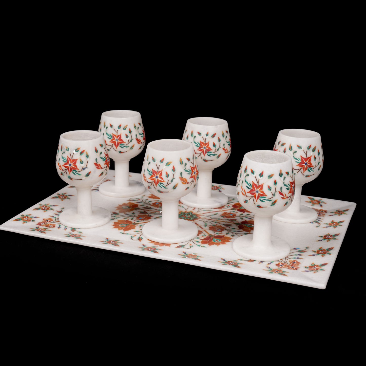 Ethnic and Royal Agra Wine Glasses with Tray | Premium Marble Set
