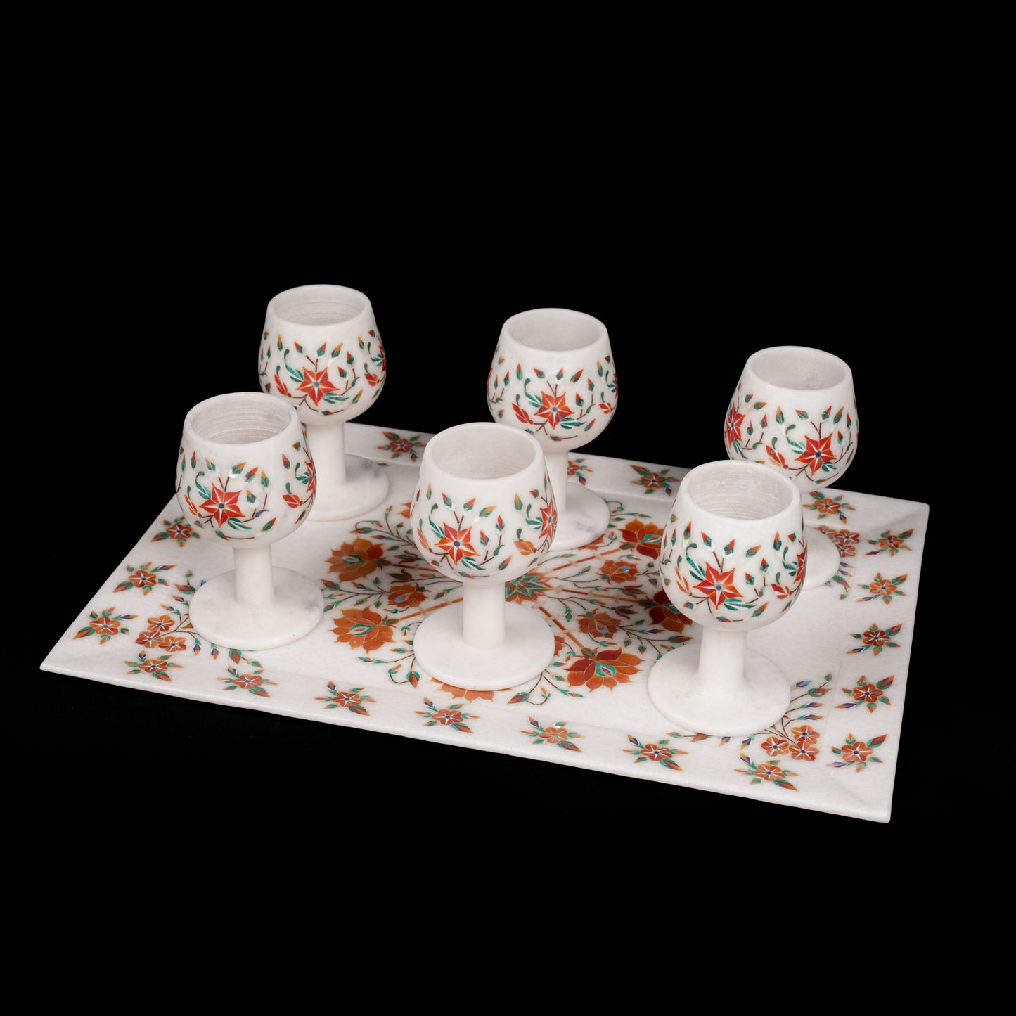 Ethnic and Royal Agra Wine Glasses with Tray | Premium Marble Set