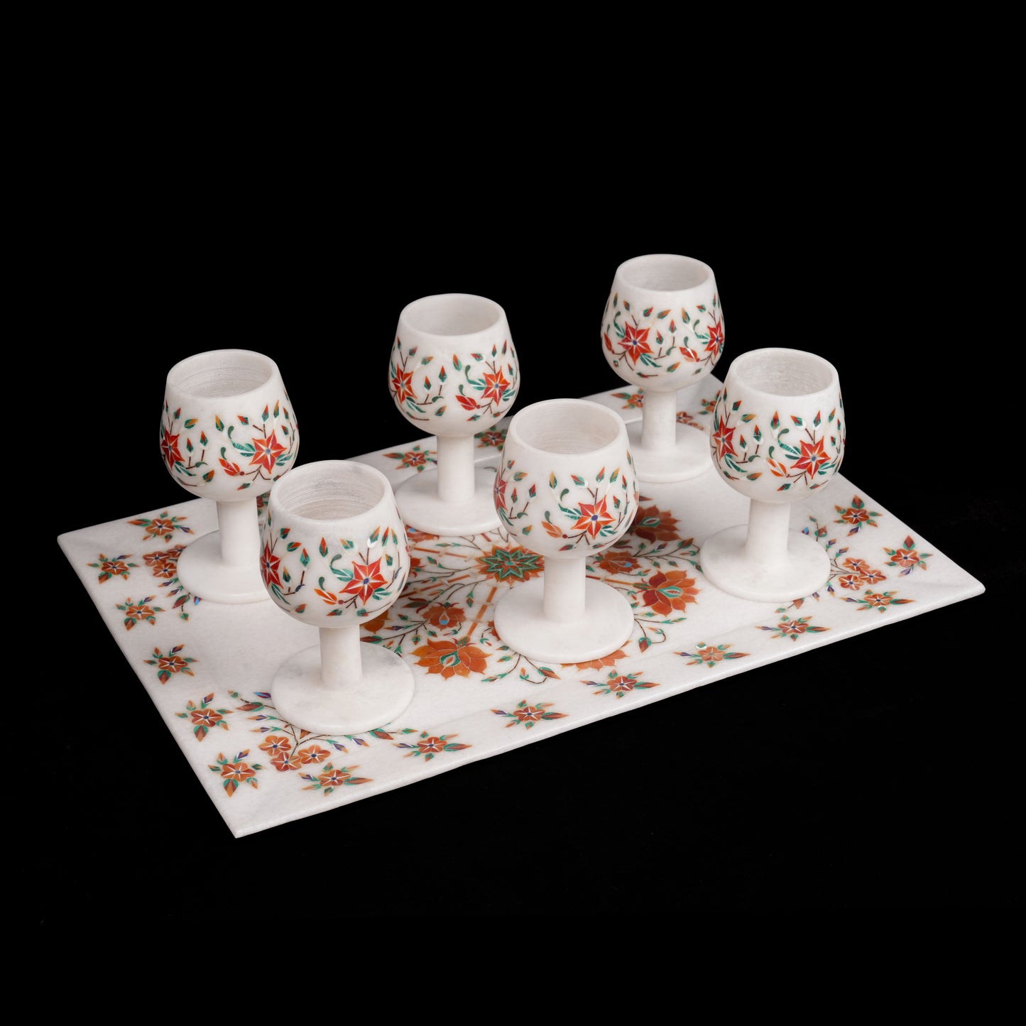 Ethnic and Royal Agra Wine Glasses with Tray | Premium Marble Set