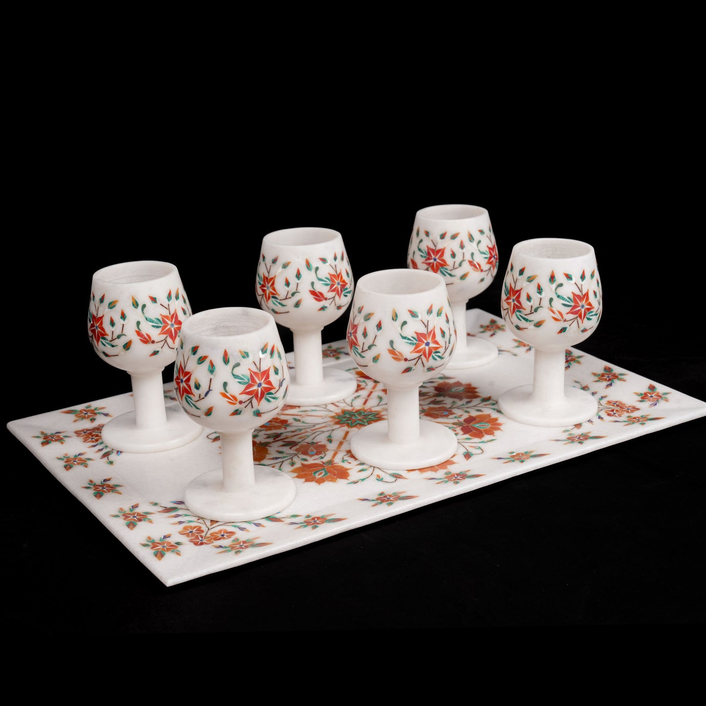 Ethnic and Royal Agra Wine Glasses with Tray | Premium Marble Set