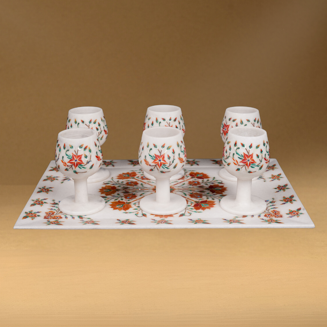 Ethnic and Royal Agra Wine Glasses with Tray | Premium Marble Set