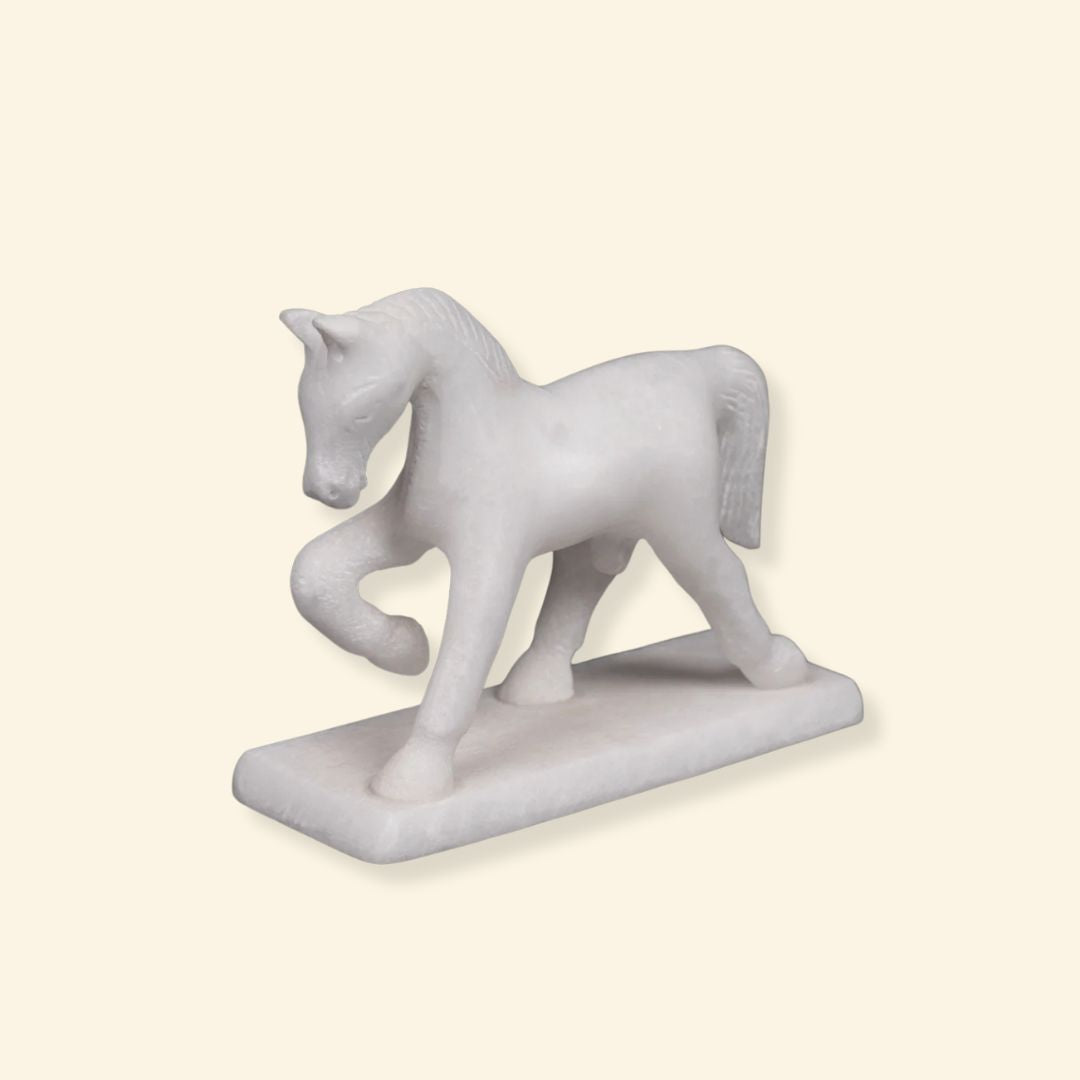 All White Marble Table Running Horse | Set of 2 Elegant Sculptures