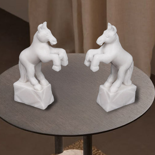 All White Marble Table Standing Horse | Set of 2 Elegant Sculptures