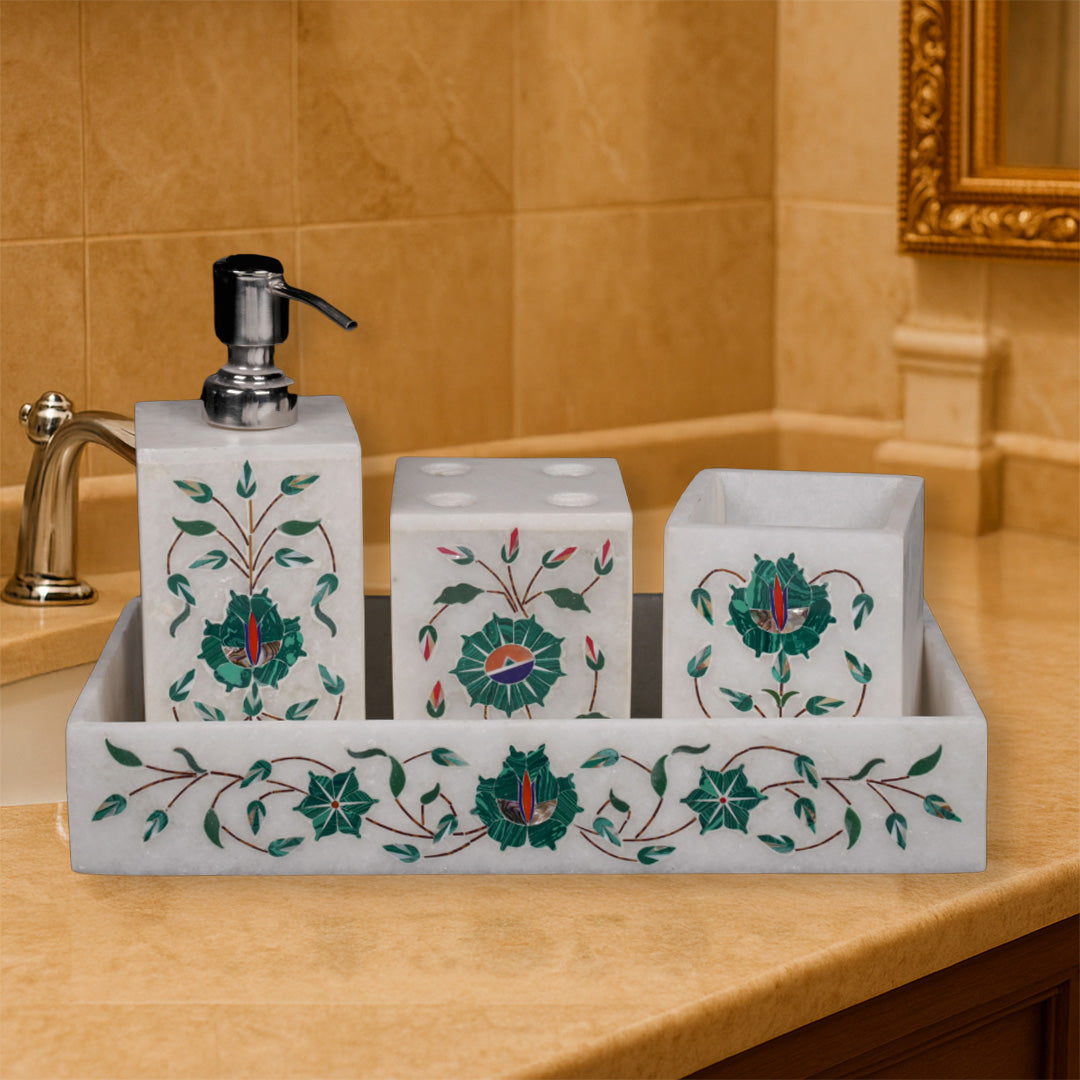 Juego de baño con incrustaciones étnicas de Lucknow | Juego de 4 piezas de decoración de mármol de primera calidad