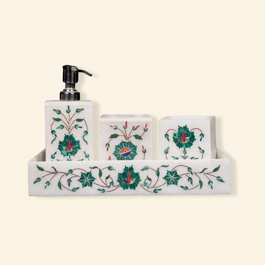 Juego de baño con incrustaciones étnicas de Lucknow | Juego de 4 piezas de decoración de mármol de primera calidad