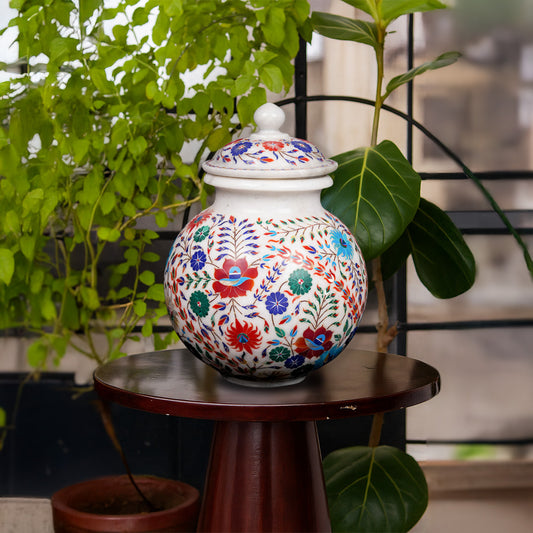 Ethnic Print White Inlay Marble Agra Vase | Elegant Home Decor
