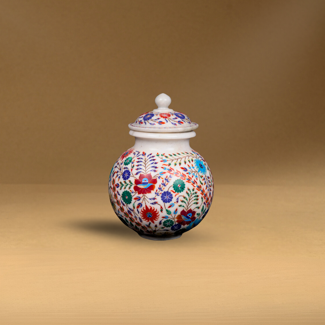 Ethnic Print White Marble Agra Vase