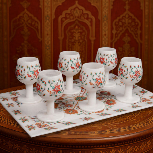 Ethnic and Royal Agra Wine Glasses with Tray | Premium Marble Set