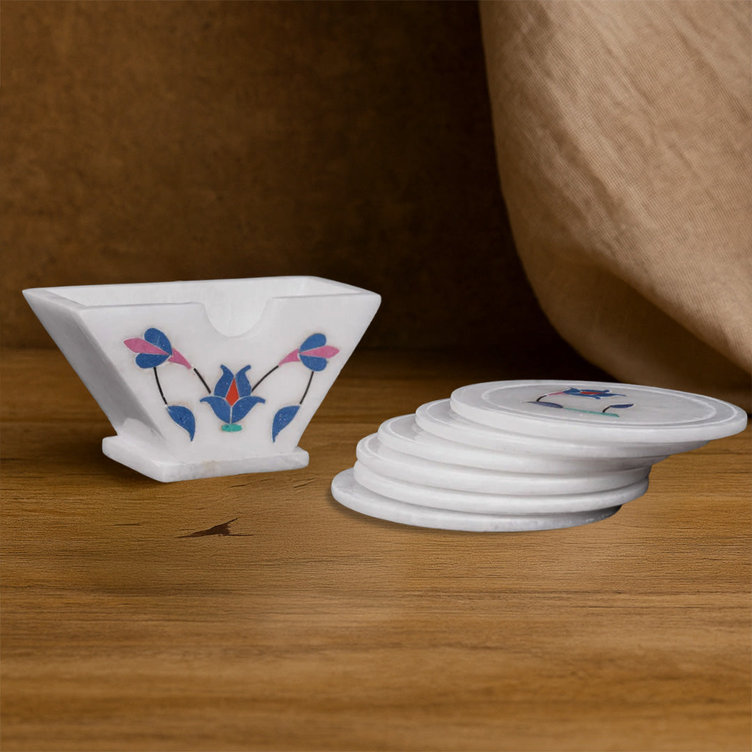Posavasos con incrustaciones de mármol blanco con motivos florales | Decoración de mesa de primera calidad