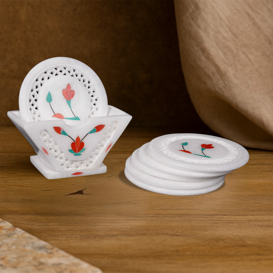 Posavasos con incrustaciones de red de mármol blanco floral | Decoración elegante para la mesa