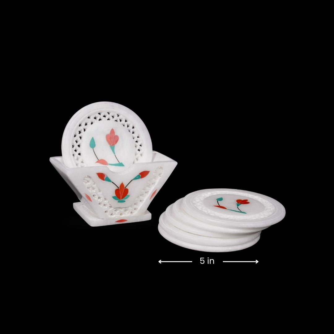 Posavasos con incrustaciones de red de mármol blanco floral | Decoración elegante para la mesa