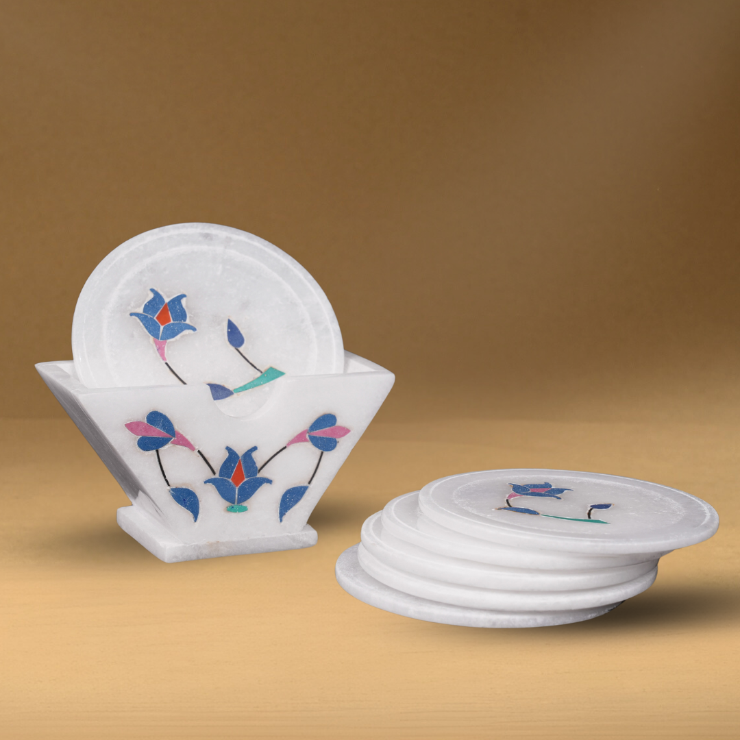 Floral White Marble Inlay Coaster