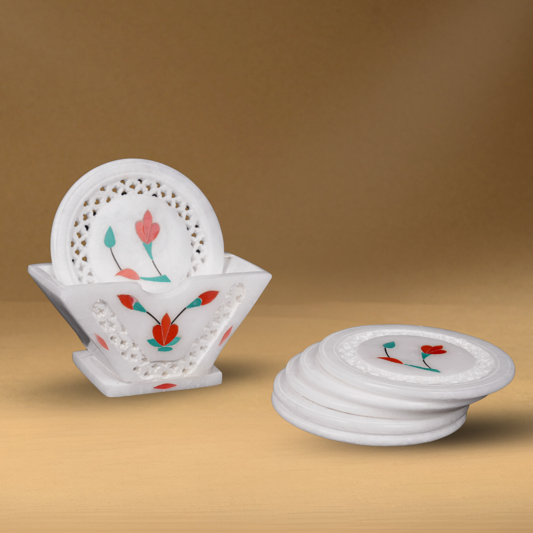 Floral White Marble Net Inlay Coaster