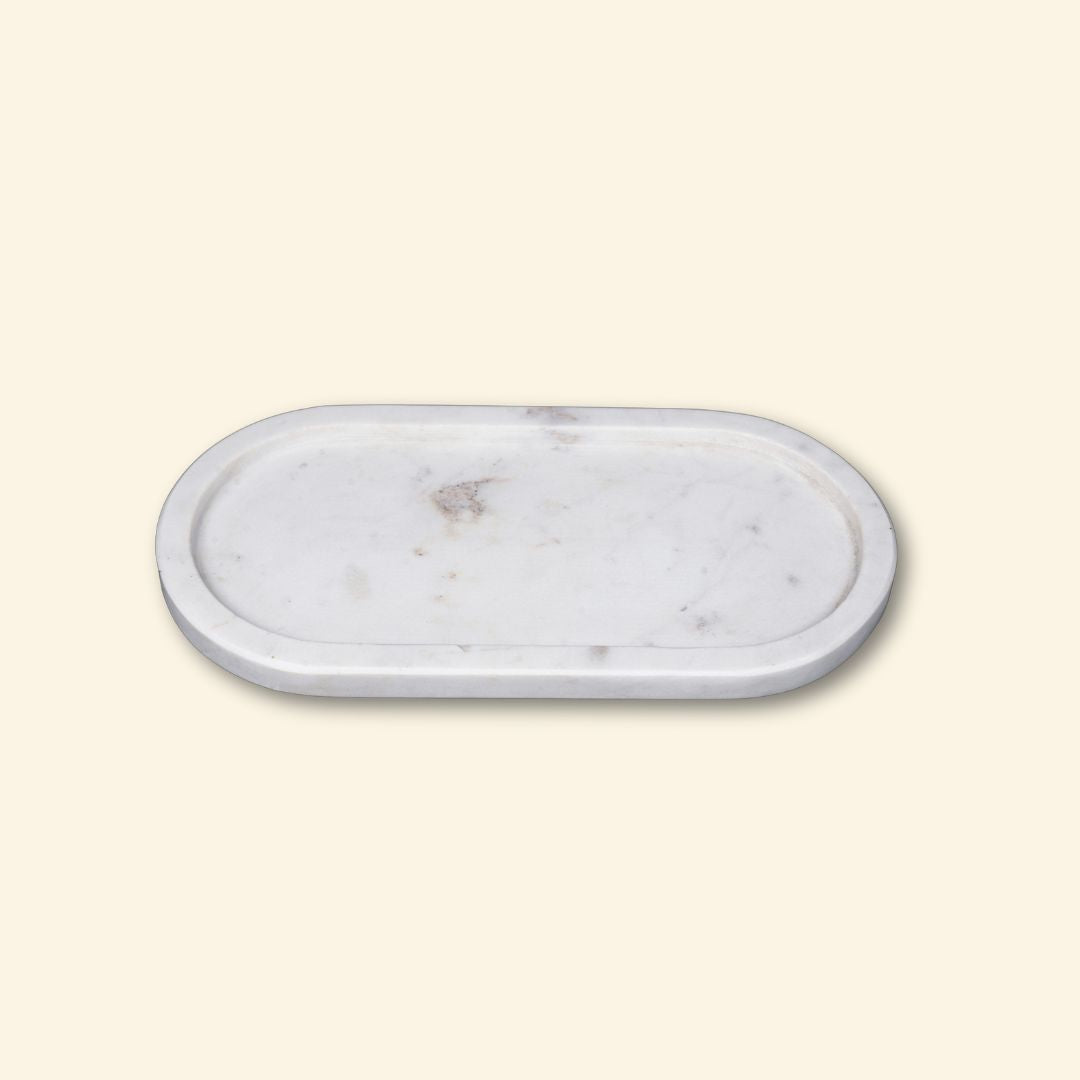 Bandeja ovalada alargada con forma de luna | Elegante pieza decorativa y para servir en mármol blanco