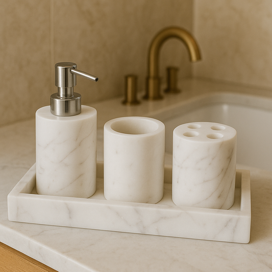 Modern Minimalistic Bathroom Set | White Marble Bathroom Essentials (Set of 4)