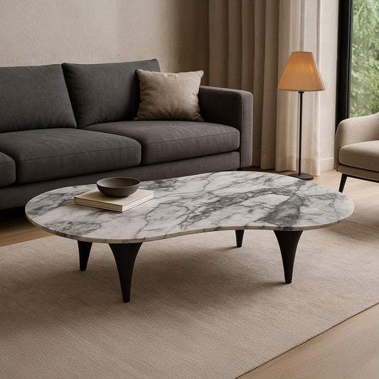 Mesa de centro curvada natural con efecto mármol gris y blanco | Modern Living