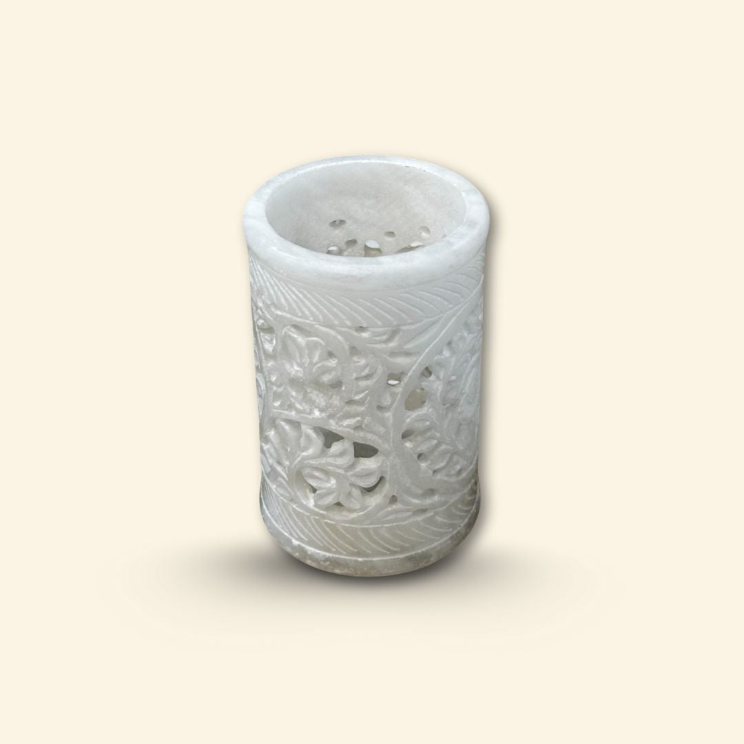 Natural Resin Hand-Carved Pen Holder | White Elegant Marble Desk Organizer | Unique Home Office Decor
