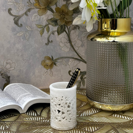 Natural Resin Hand-Carved Pen Holder | White Elegant Marble Desk Organizer | Unique Home Office Decor