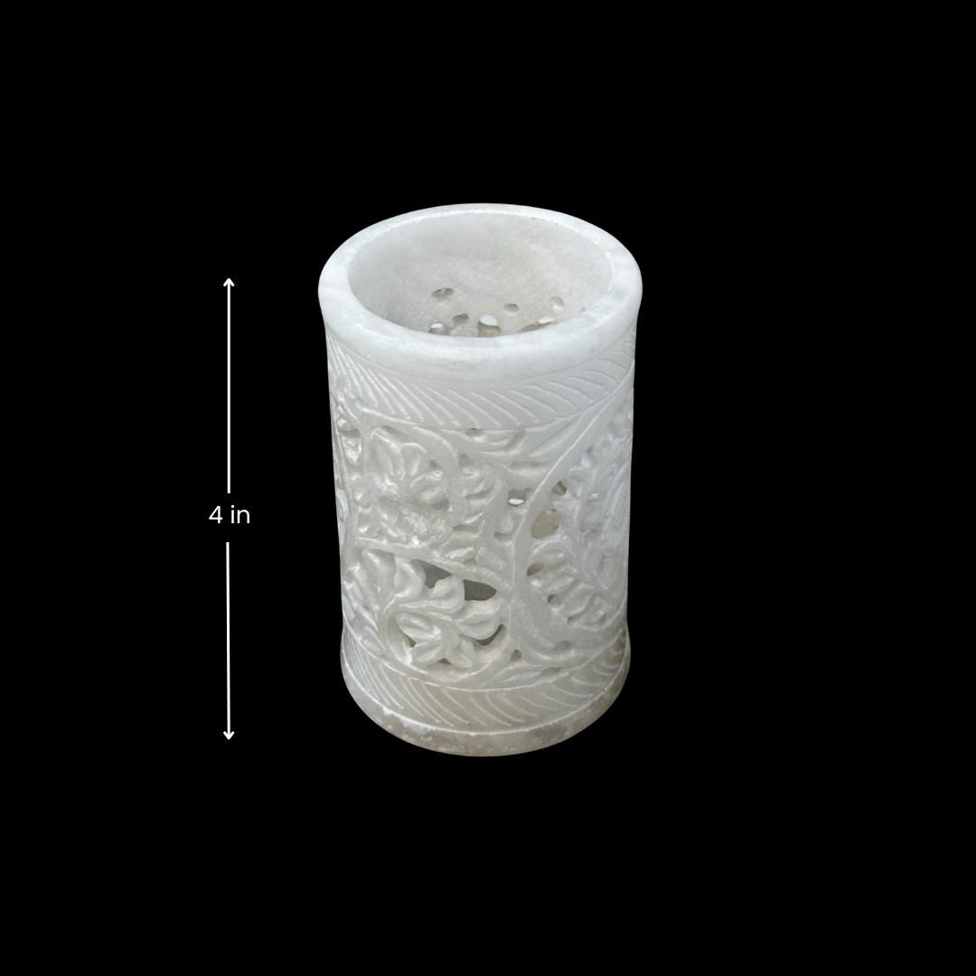 Natural Resin Hand-Carved Pen Holder | White Elegant Marble Desk Organizer | Unique Home Office Decor