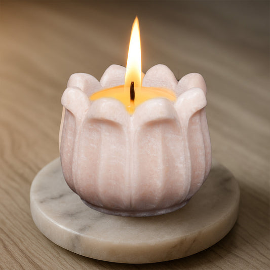 Pinkish White Marble Lotus Candle Vase | Handcrafted Decor