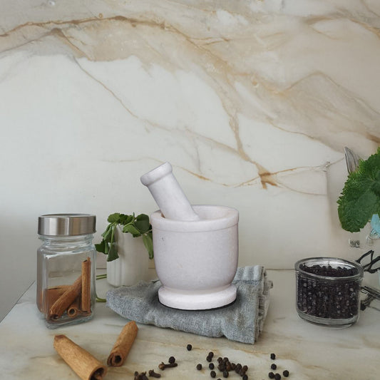 White Marble Mortar & Pestle | Handcrafted Spice Grinder | Kitchen Essestial
