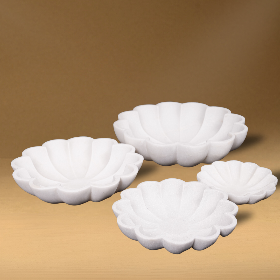 White Marble Flower-Shaped Urli Bowl