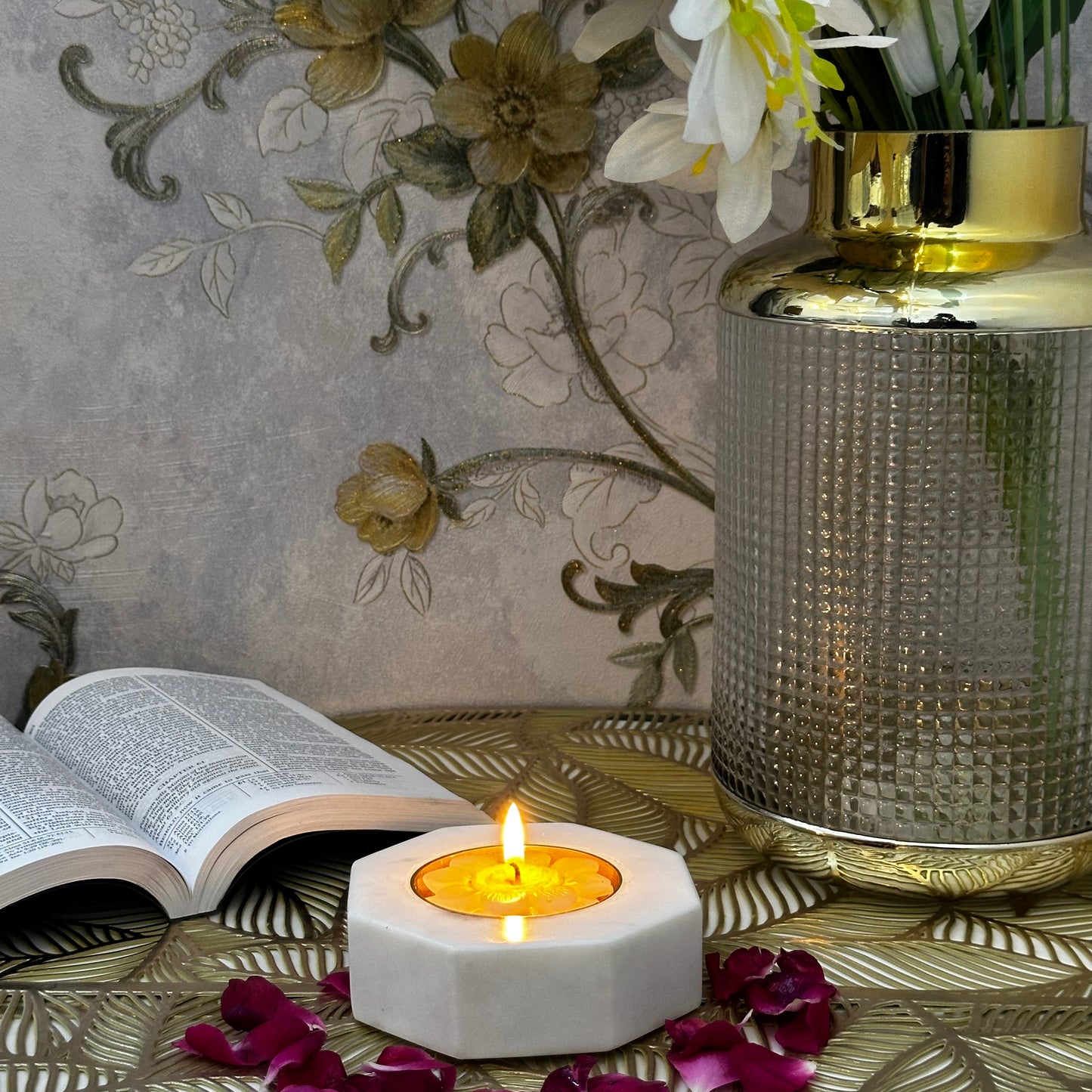 White Metal & Marble Hexagon Candle Holder