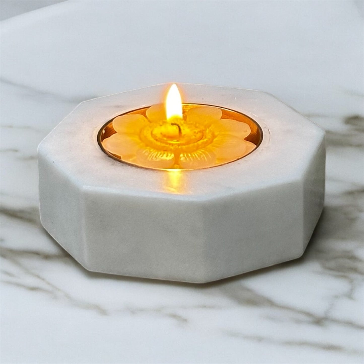 White Metal & Marble Hexagon Candle Holder