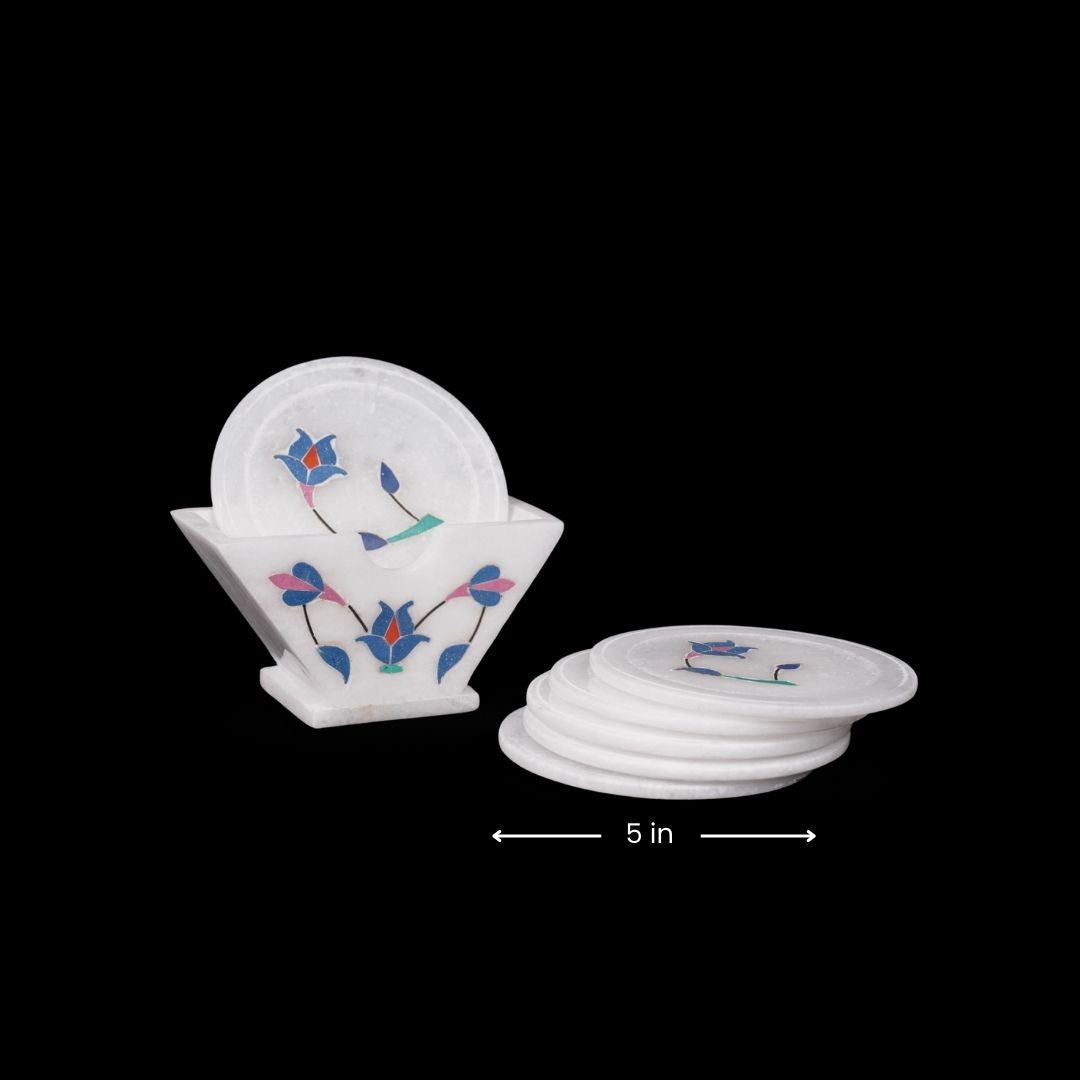 Posavasos con incrustaciones de mármol blanco con motivos florales | Decoración de mesa de primera calidad