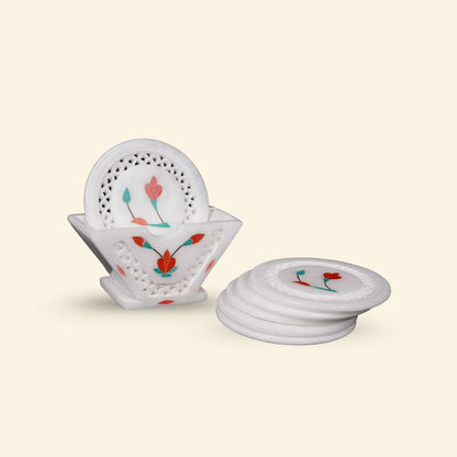 Posavasos con incrustaciones de red de mármol blanco floral | Decoración elegante para la mesa