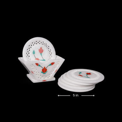 Posavasos con incrustaciones de red de mármol blanco floral | Decoración elegante para la mesa