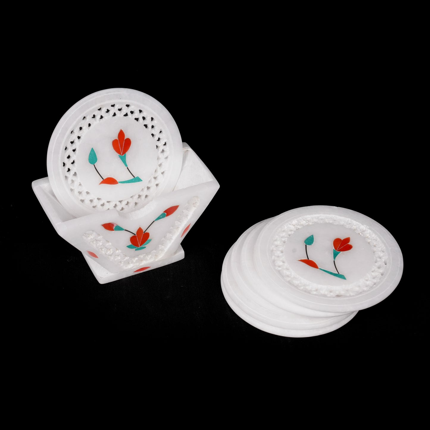 Floral White Marble Net Inlay Coaster