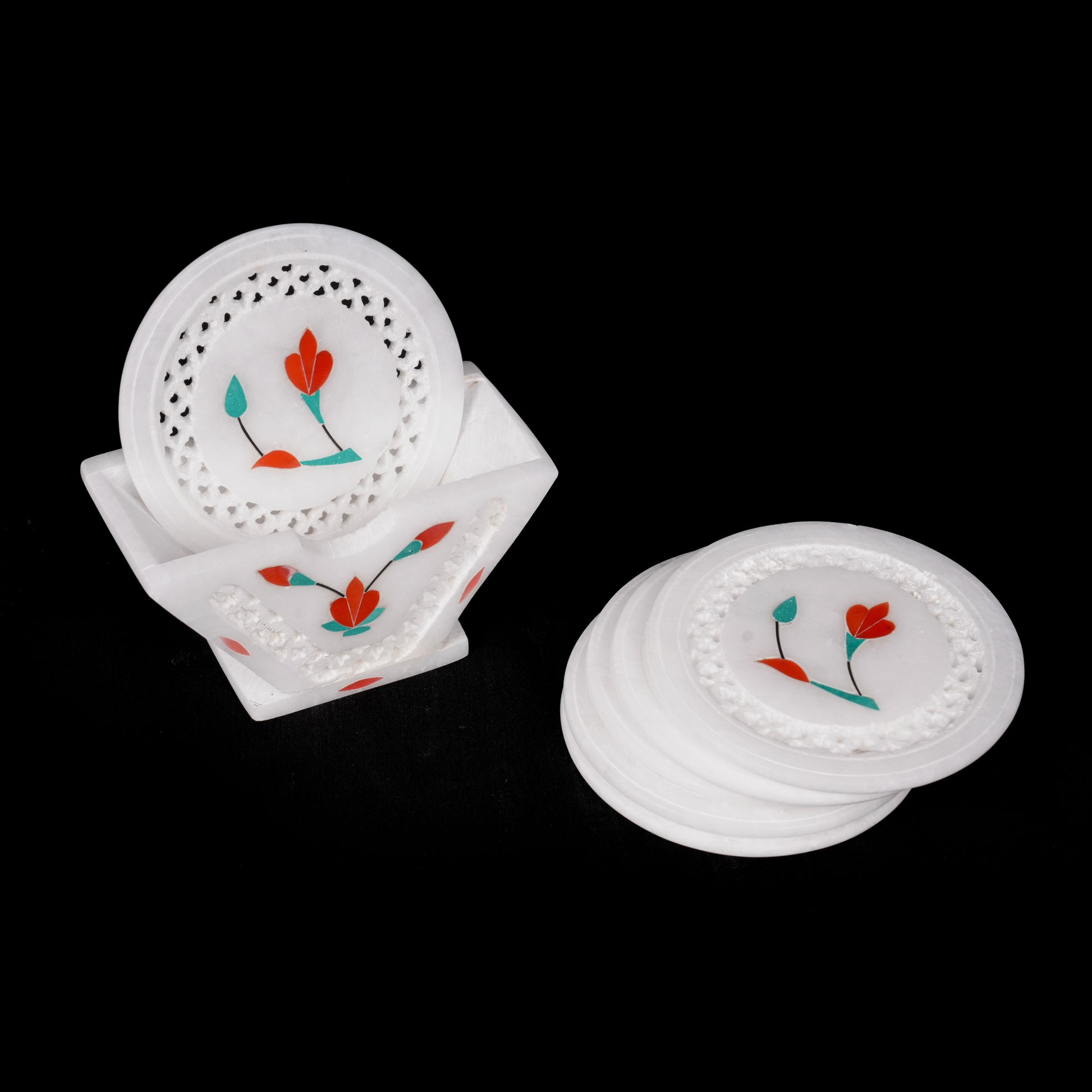 Floral White Marble Net Inlay Coaster