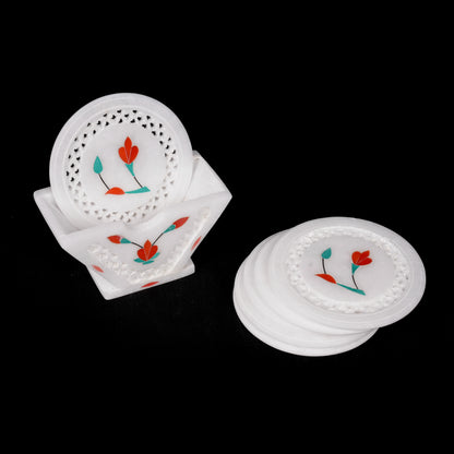 Floral White Marble Net Inlay Coaster