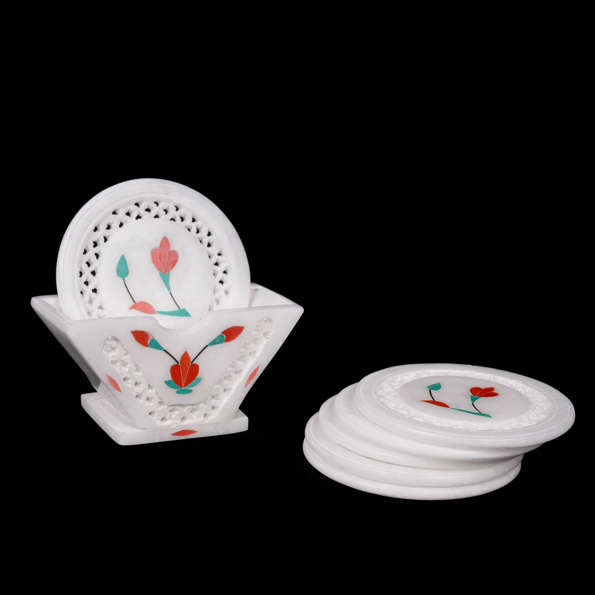 Floral White Marble Net Inlay Coaster