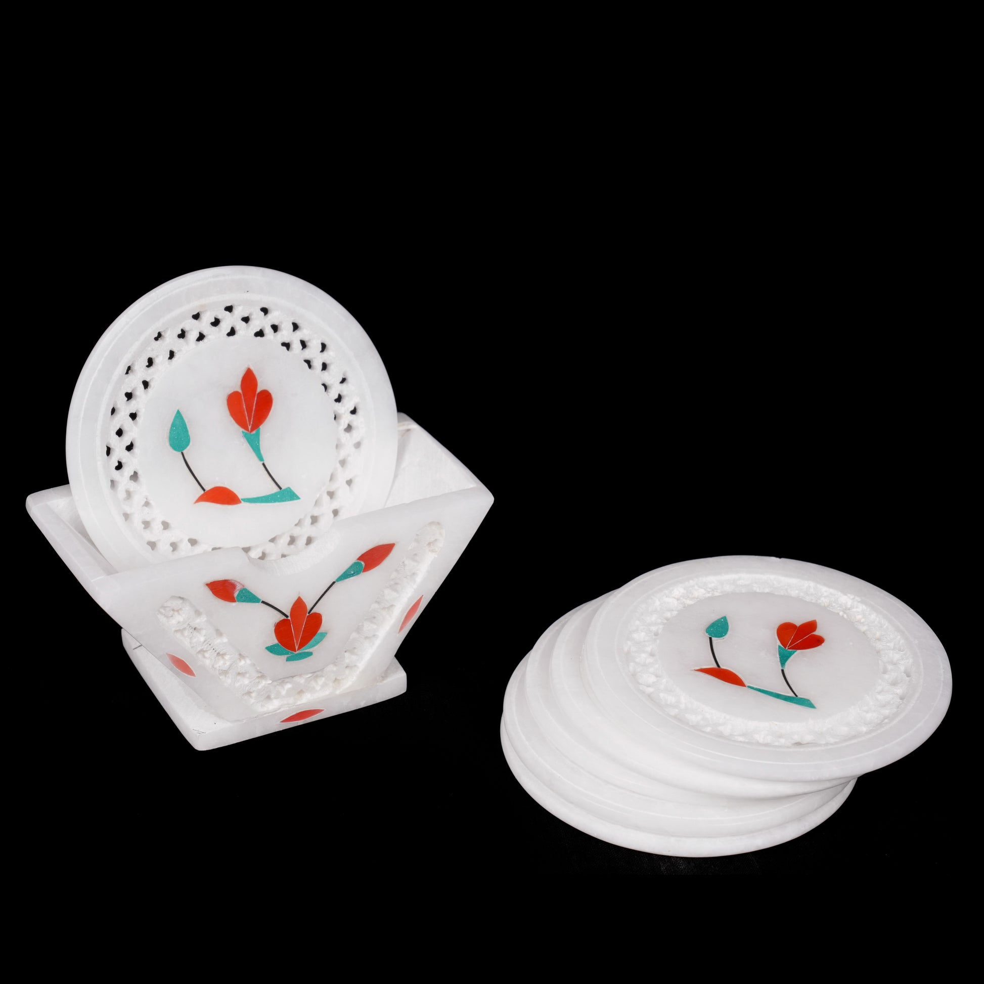 Floral White Marble Net Inlay Coaster