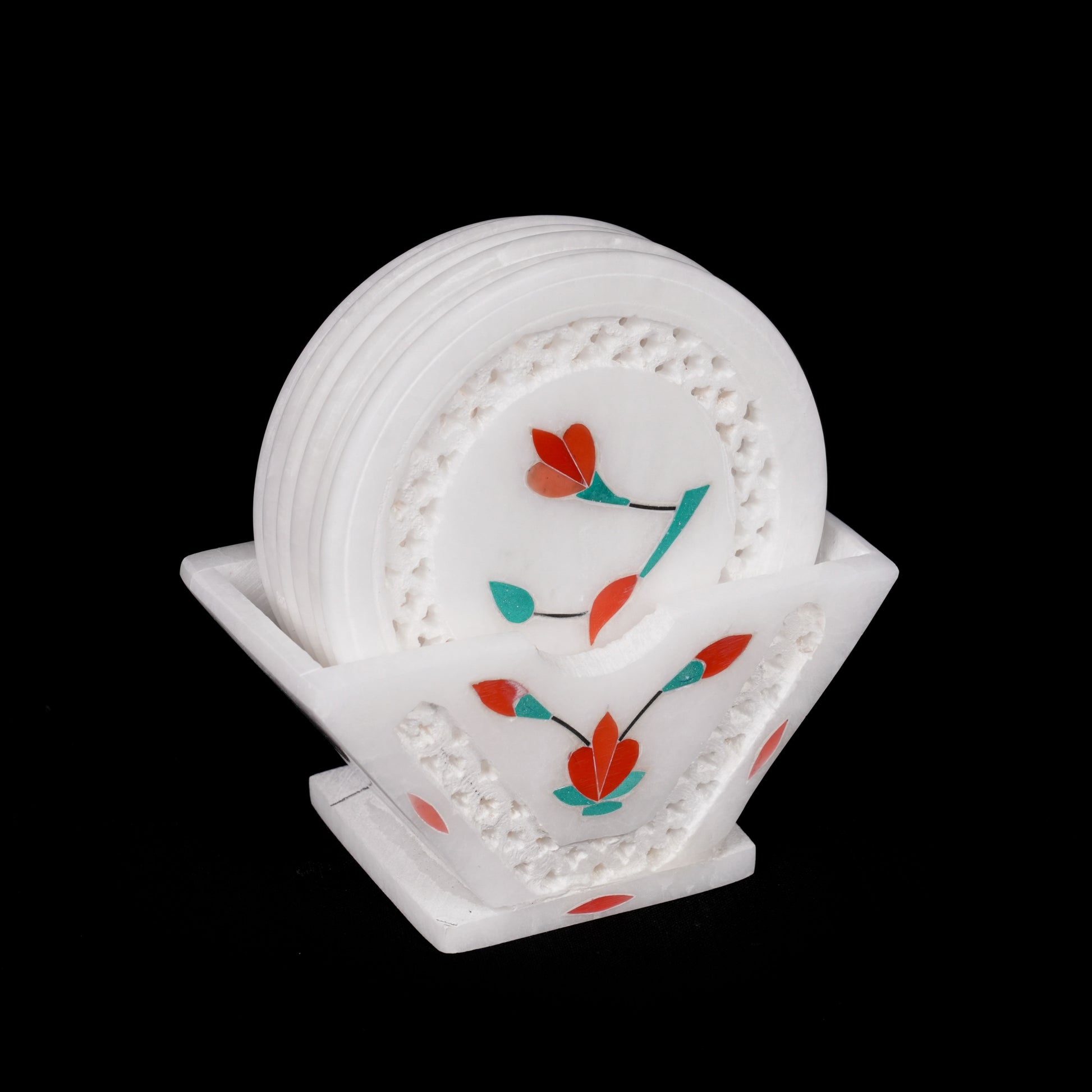 Floral White Marble Net Inlay Coaster