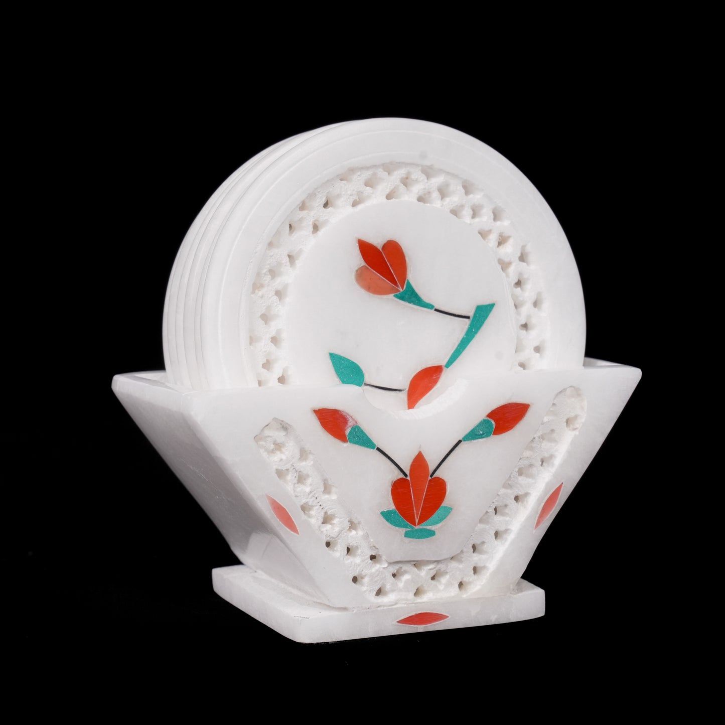 Floral White Marble Net Inlay Coaster