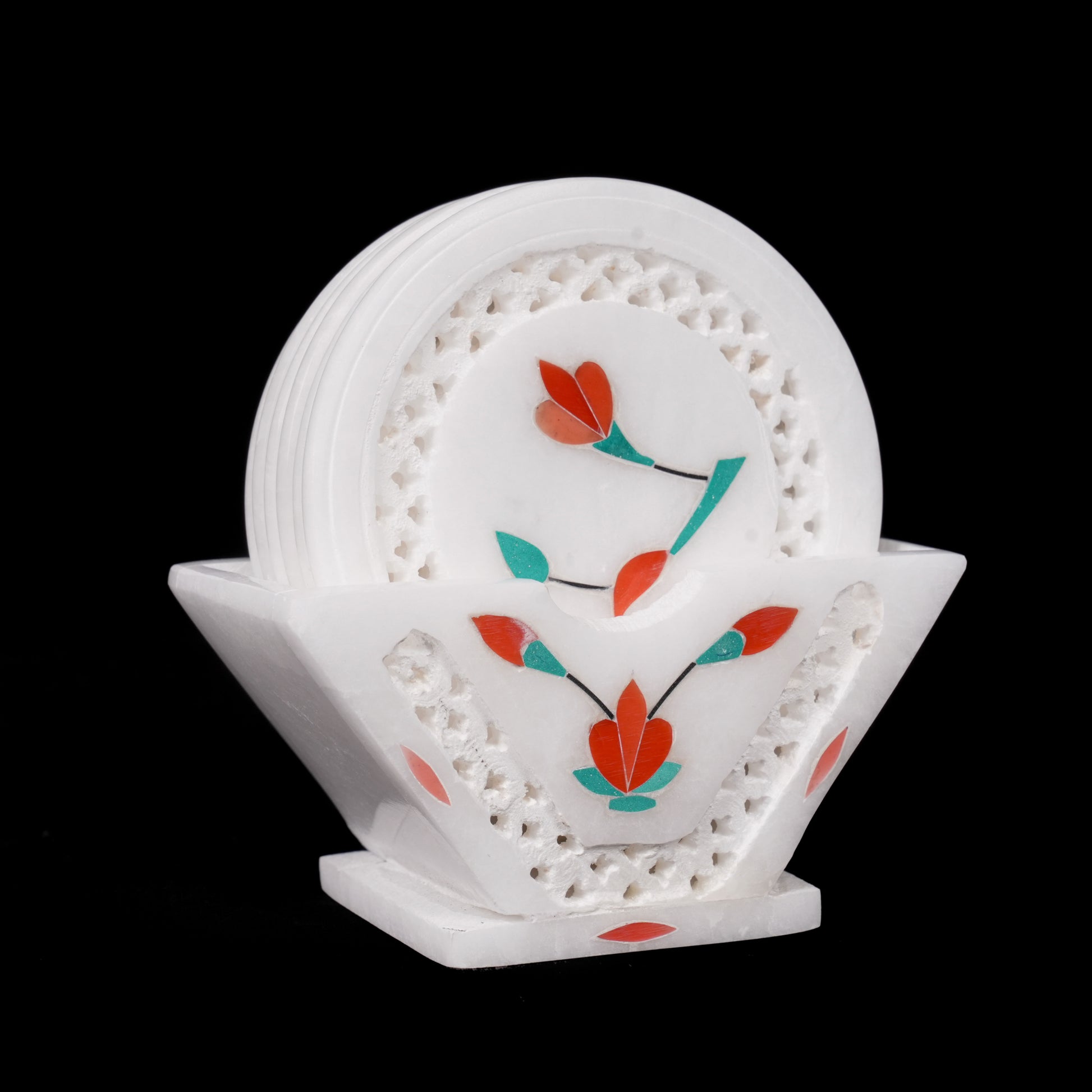 Floral White Marble Net Inlay Coaster