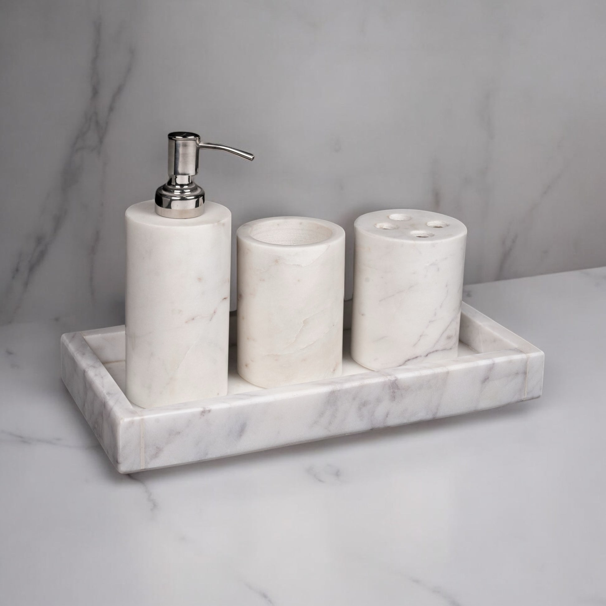 Modern Minimalistic Bathroom Set, liquid dispenser, toothbrush holder, toothpaste Holder