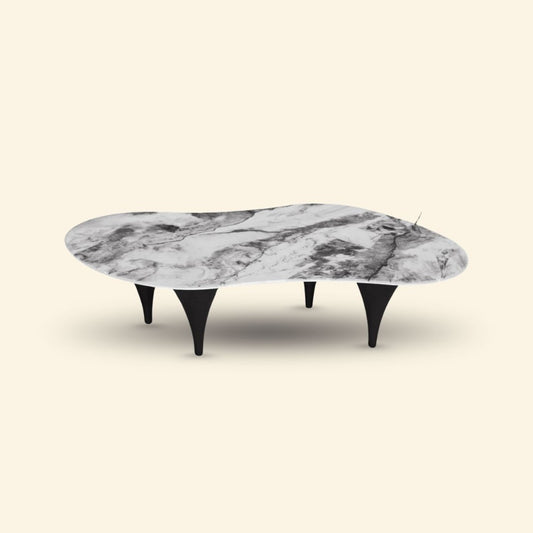 Mesa de centro curvada natural con efecto mármol gris y blanco | Modern Living