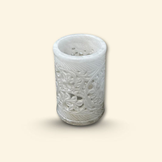 Natural Resin Hand-Carved Pen Holder | White Elegant Marble Desk Organizer | Unique Home Office Decor