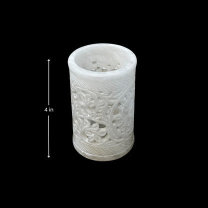 Natural Resin Hand-Carved Pen Holder | White Elegant Marble Desk Organizer | Unique Home Office Decor