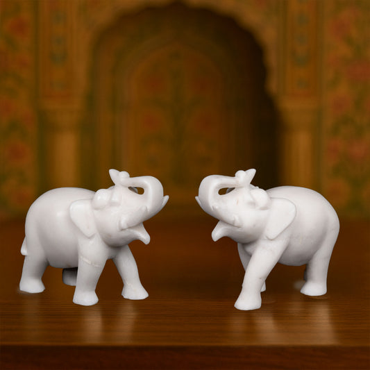 Mesa de mármol blanco Royal Jaipur con diseño de elefante | Juego de 2