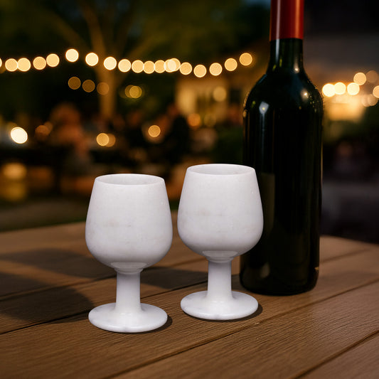 Copa de vino de mármol blanco real | Juego de 2 y juego de 6