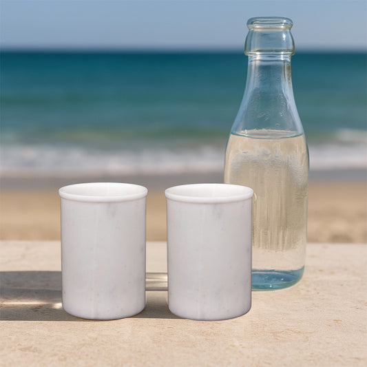 Vaso multiusos de mármol blanco para beber | Diseño artesanal (juego de 2)
