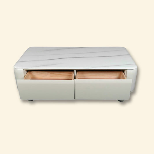 Mesa de centro con efecto mármol blanco y espacio de almacenaje | Interior moderno