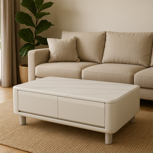 Mesa de centro con efecto mármol blanco y espacio de almacenaje | Interior moderno